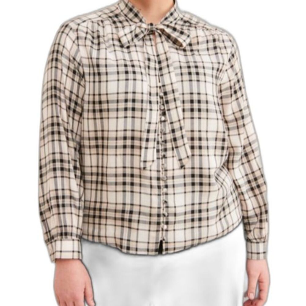 Sanctuary Kiera Tie Neck Plaid Blouse Pleating Button Front Preppy Oversized XS